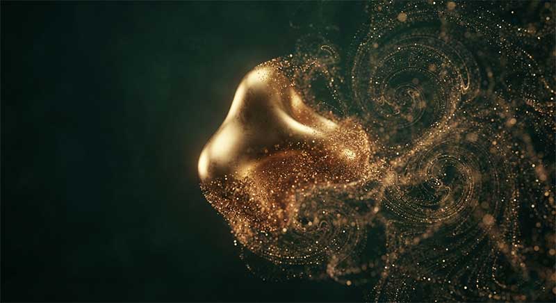 Abstract illustration of a solid golden shape dissolving into liquid particles, representing the dissolution problem with solid vinegar forms