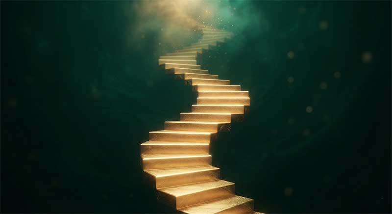 Abstract illustration of an ascending staircase fading into mist, representing the unfinished clinical trial pipeline for AI-discovered drugs