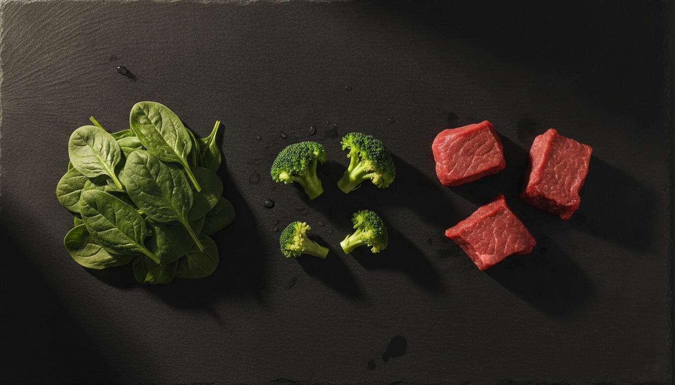 ALA food sources - spinach, broccoli, red meat on dark slate