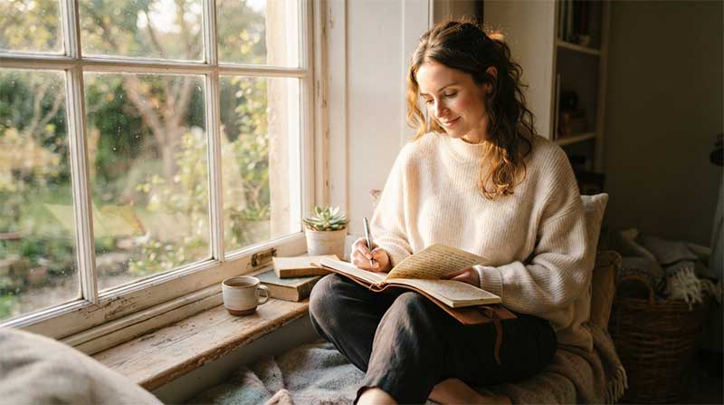 A person sitting by a sunlit window writing in a journal