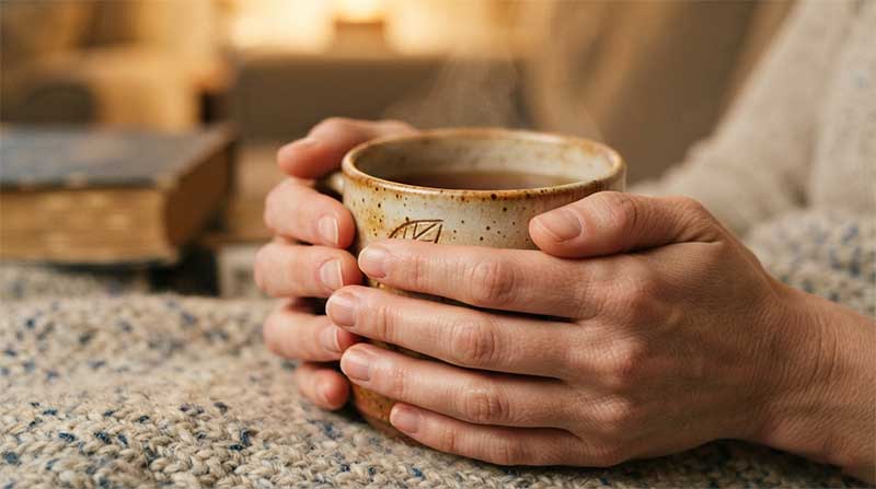 A pair of hands wrapped around a warm mug of tea