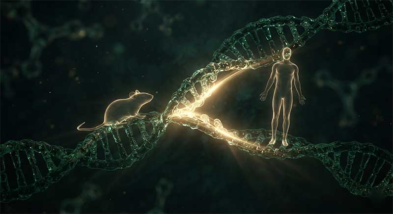 Abstract rendering of a DNA helix diverging into mouse and human silhouettes, in dark green and gold
