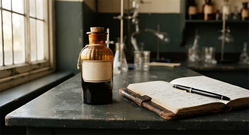 A vintage glass medicine bottle and leather-bound lab notebook on a wooden desk