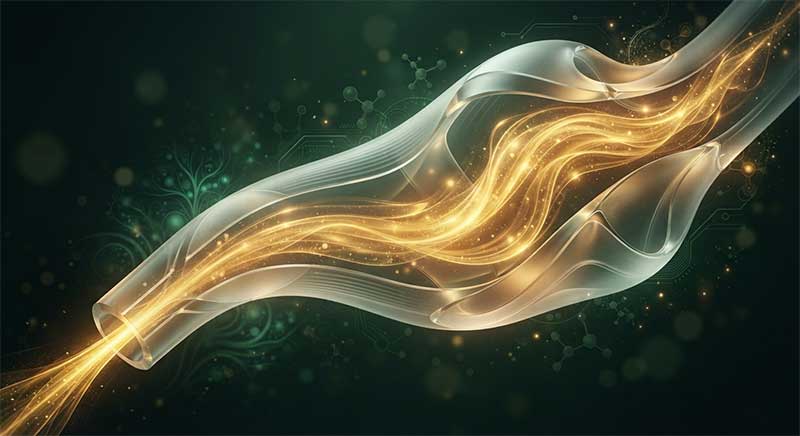 Abstract golden light flowing through a widening translucent vessel-like tube