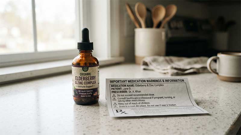 A supplement bottle next to a printed medication warning label on a kitchen counter