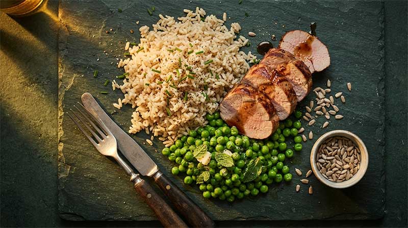 Whole food sources of vitamin B1 including brown rice, seeds, pork and peas