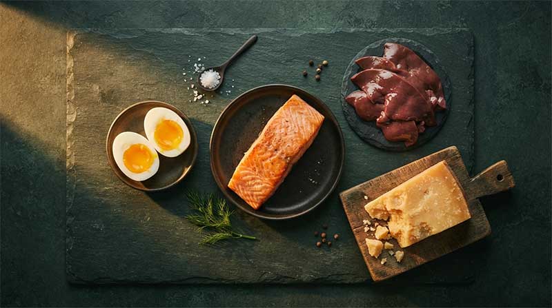 Animal-based whole food sources of vitamin B12 including fish, eggs and liver
