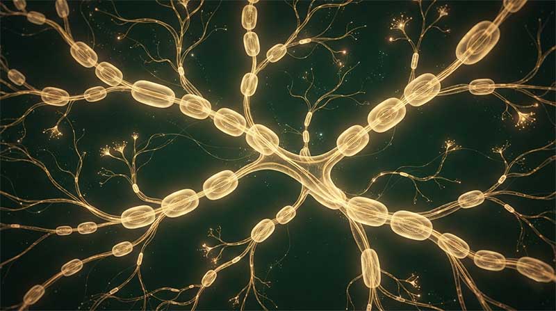 Glowing nerve fibers representing B12's role in myelin and nervous system function