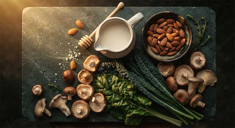Whole food sources of riboflavin including milk, almonds, mushrooms and leafy greens