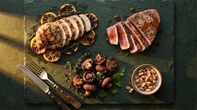 Whole food sources of niacin including chicken, tuna, peanuts and mushrooms