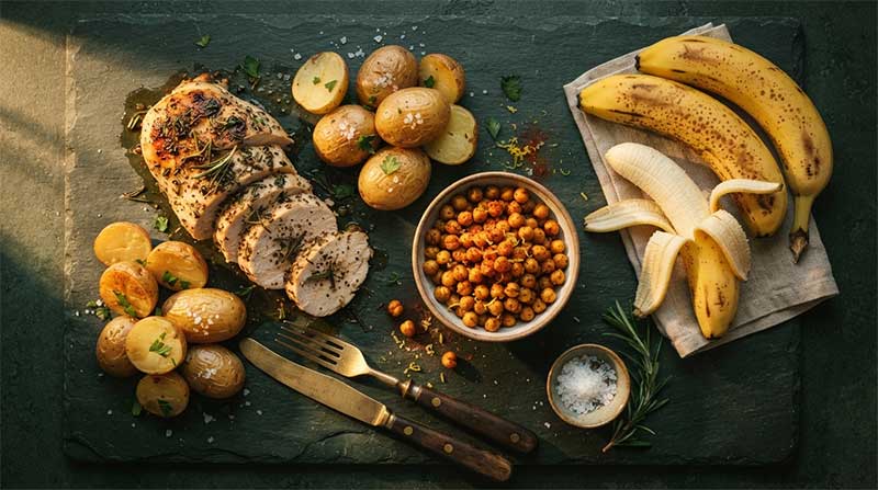 Whole food sources of vitamin B6 including chicken, potatoes, bananas and chickpeas