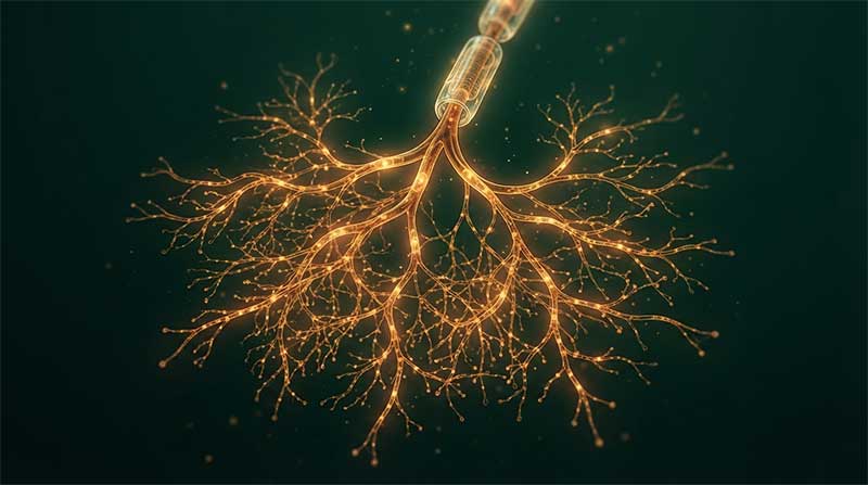 Glowing nerve fiber representing B6's paradoxical role in both deficiency and excess neuropathy