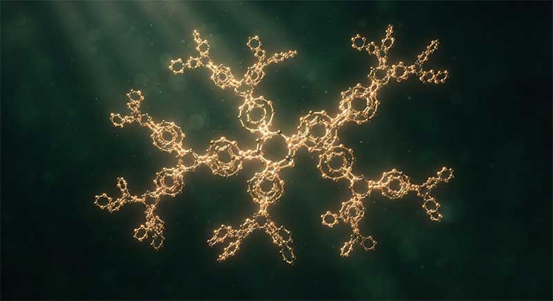 Abstract scientific illustration of biotin's role in cellular metabolism with carboxylation reactions