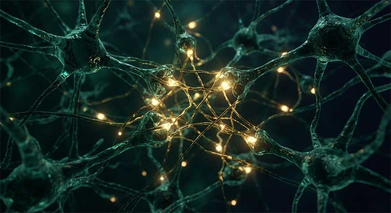 Abstract rendering of neural synapse connections strengthening over time, in dark green and gold