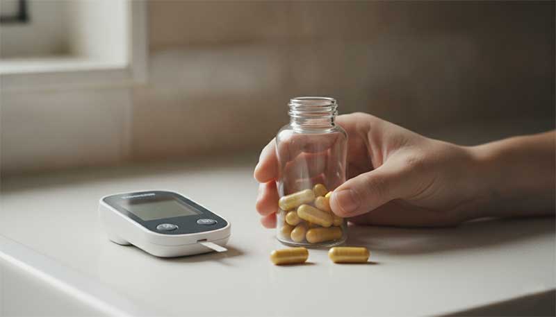 Pill bottle next to a blood glucose monitor on a kitchen counter