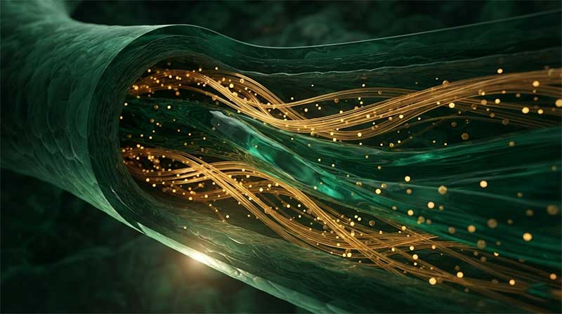 Abstract cross-section of a blood vessel with golden particles representing cholesterol being carried away by fiber