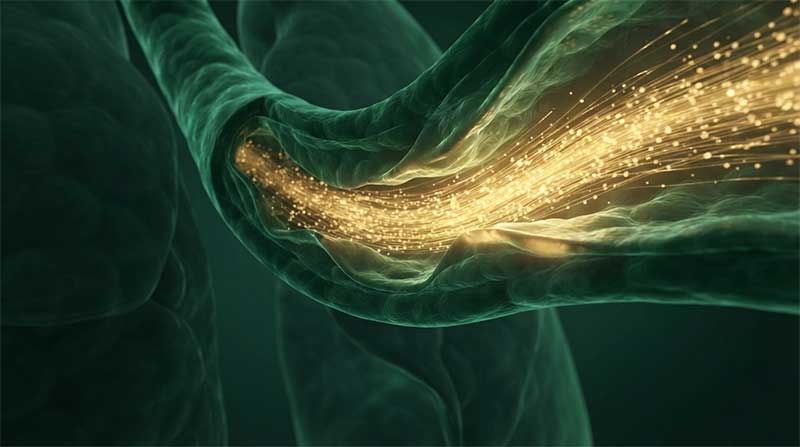 Abstract cross-section of a bronchial airway opening, rendered in dark green and gold