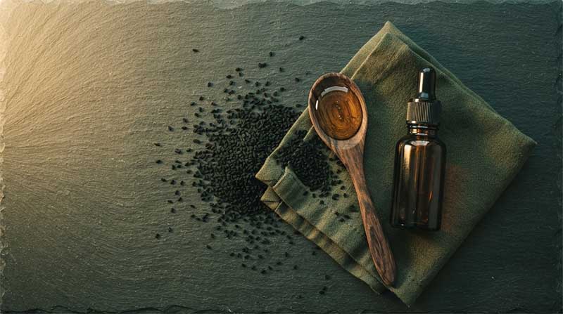 Black cumin seeds, a glass bottle of dark oil, and a wooden spoon with honey on a dark slate surface