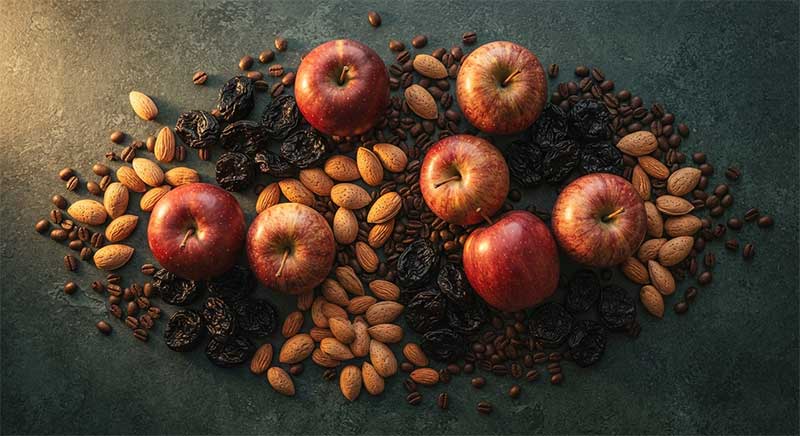 Whole food sources of boron including apples, prunes, almonds and coffee