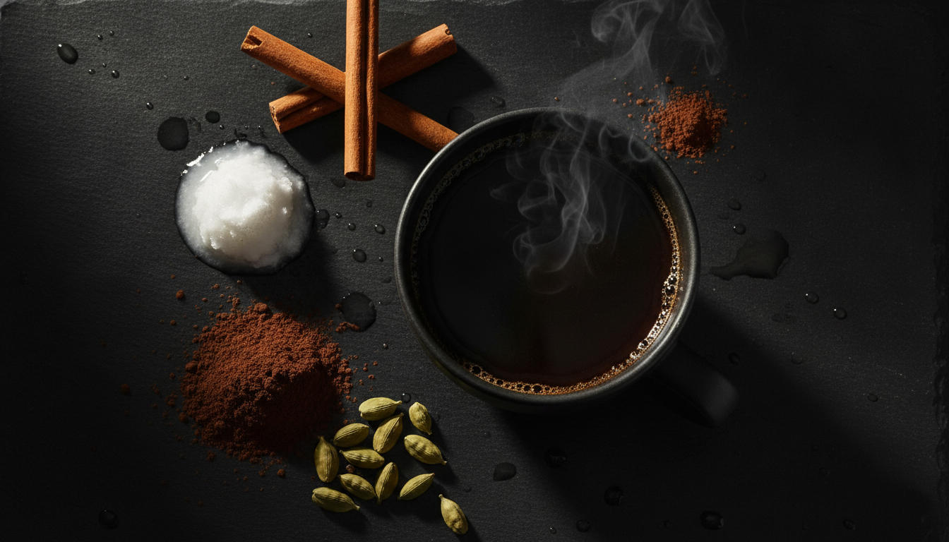 Biohacker coffee ingredients - coconut oil, cinnamon, raw cacao, collagen, cardamom