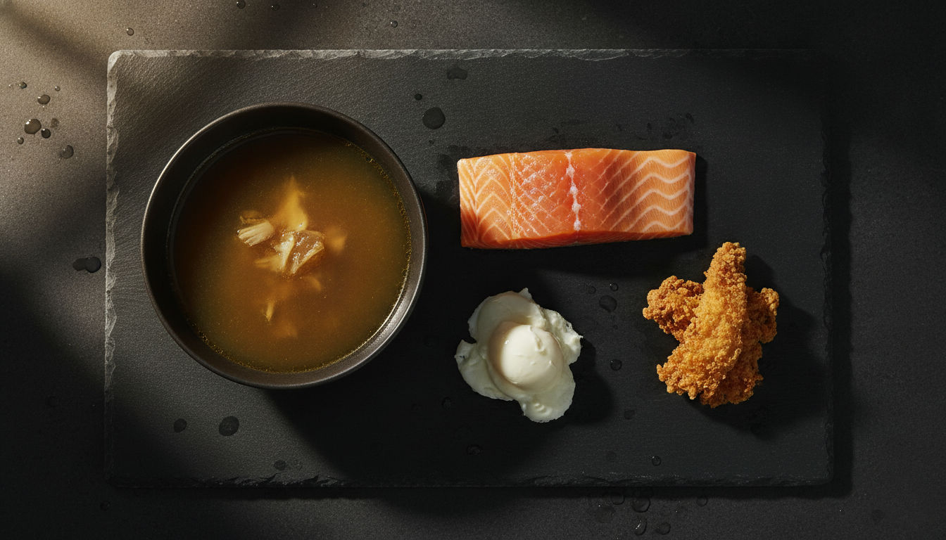 Natural collagen food sources - bone broth, salmon, egg whites, chicken skin