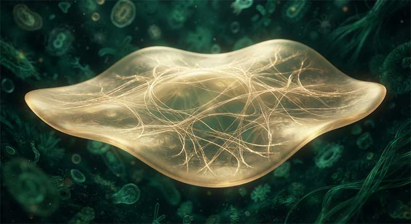 Abstract illustration of a protective membrane layer representing colostrum's effect on gut barrier integrity