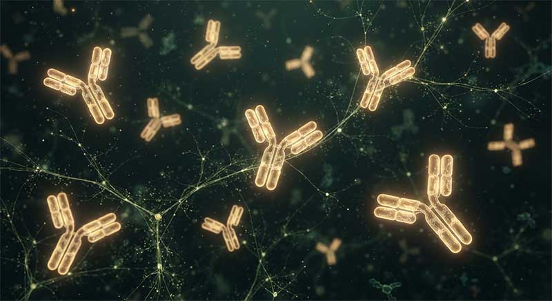 Abstract glowing antibody structures representing colostrum's immune compounds
