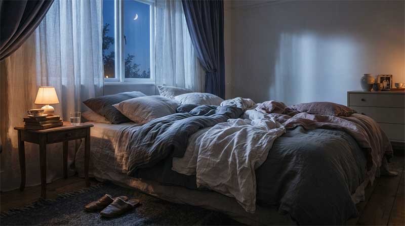 Softly lit bedroom at dusk, representing sleep quality improvements from creatine