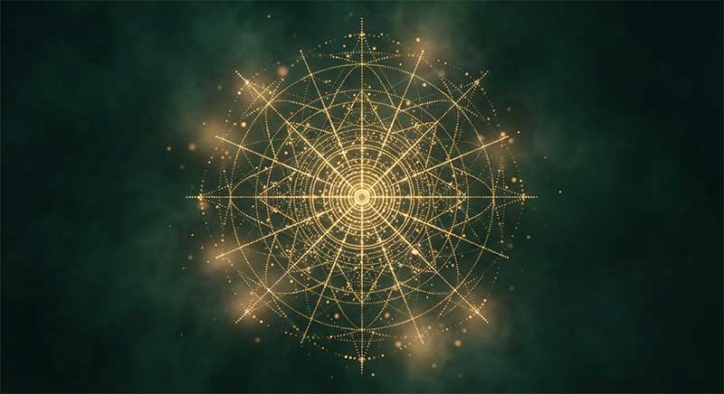 Abstract illustration of golden particles in a balanced symmetrical pattern, representing electrolyte ion balance