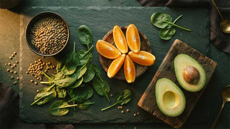 Whole food sources of folate including lentils, spinach, orange and avocado