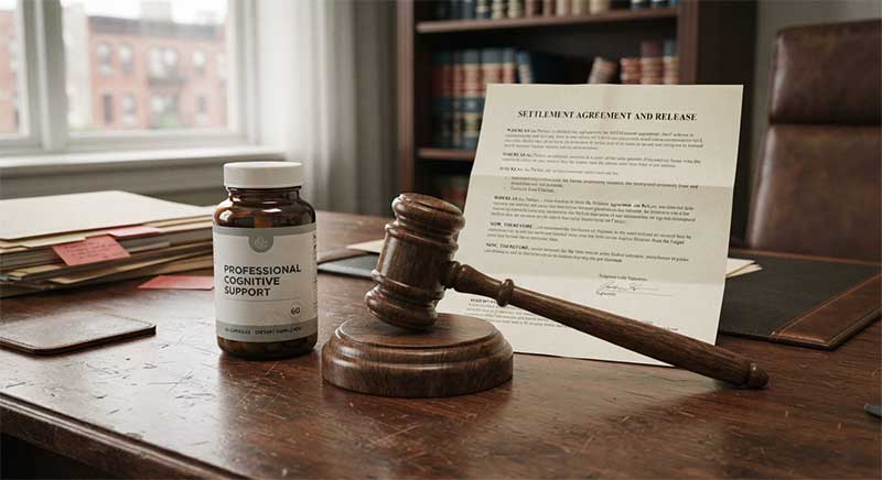 A supplement bottle next to a gavel and legal document on a wooden desk