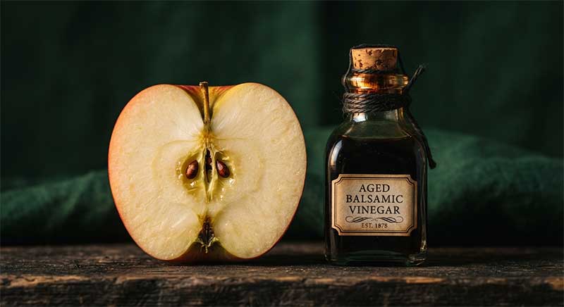 Halved apple next to a bottle of dark vinegar