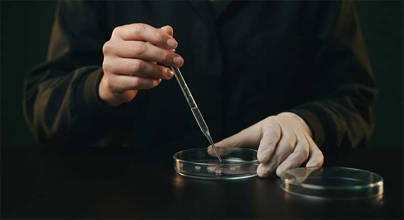 A researcher's hands holding a petri dish and pipette in a laboratory