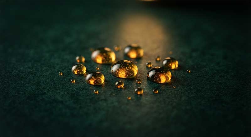 Glowing golden yellow droplets representing riboflavin's natural pigment