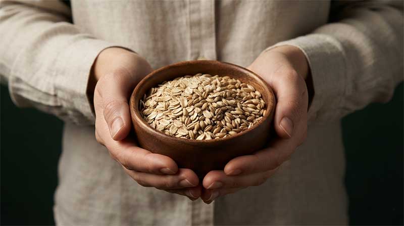 Hands cupping a wooden bowl of rolled oats and barley grains