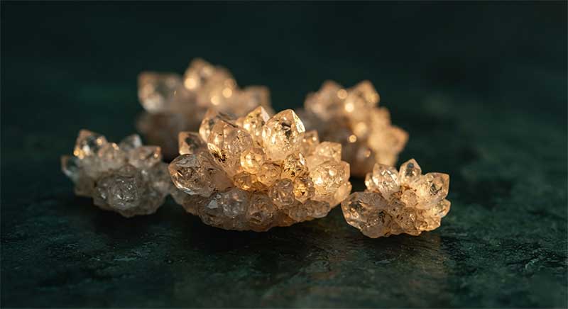 Glowing crystalline mineral clusters representing boron