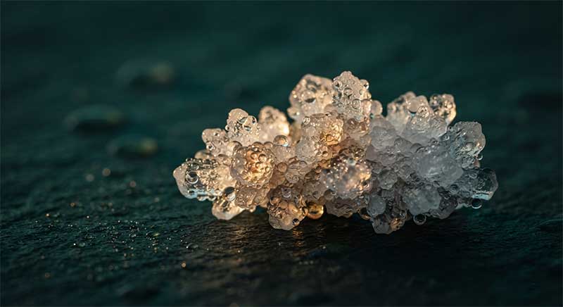 Salt crystal clusters glistening with water droplets, representing electrolytes