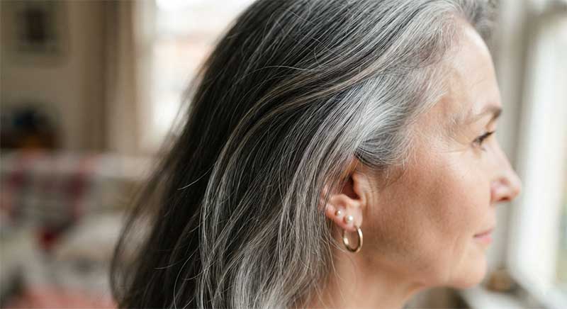 Close-up of natural salt-and-pepper gray hair strands
