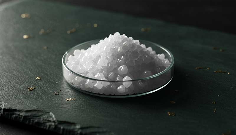 White crystalline inositol powder in a glass dish