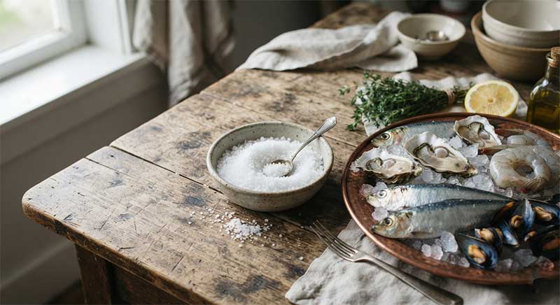 Fresh seafood and a small bowl of iodized salt on a rustic table