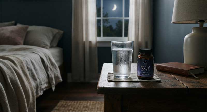 A glass of water and a small supplement bottle on a nightstand, moonlight through a window