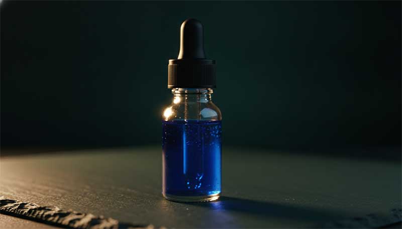 Deep blue methylene blue liquid in a glass dropper bottle