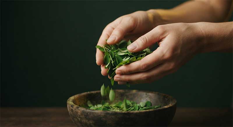 Hands holding fresh moringa leaves above a wooden bowl