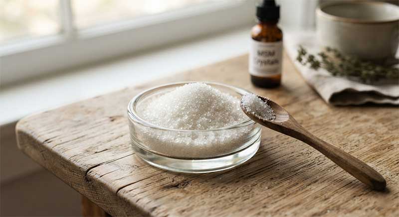 White crystalline MSM powder in a small glass dish next to a wooden spoon