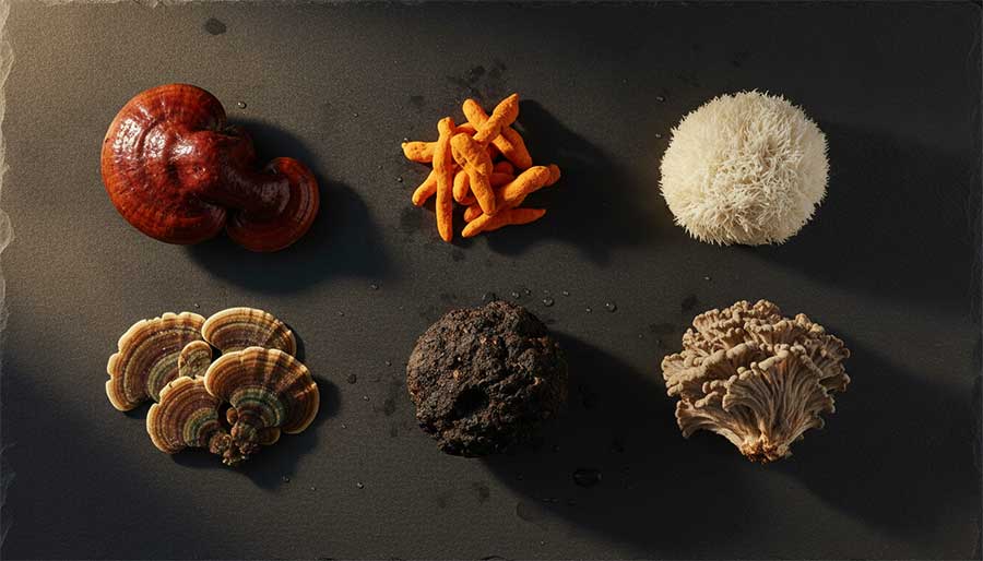 Six medicinal mushrooms arranged together