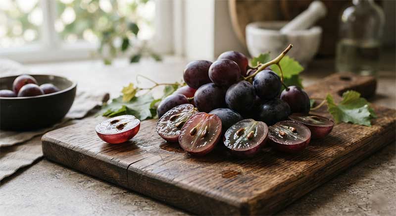 Purple grapes with visible seeds cut open on a wooden board