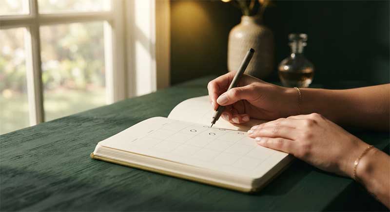 Hands holding an open journal and marking dates on a calendar near a window