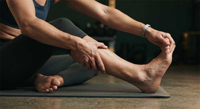 An athlete stretching a sore calf muscle after a workout