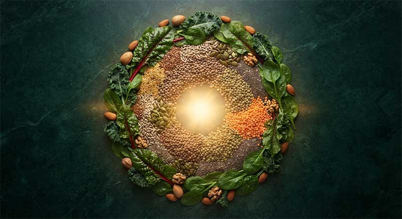 Fresh plant-based whole foods arranged in a circle, representing vegan nutrition