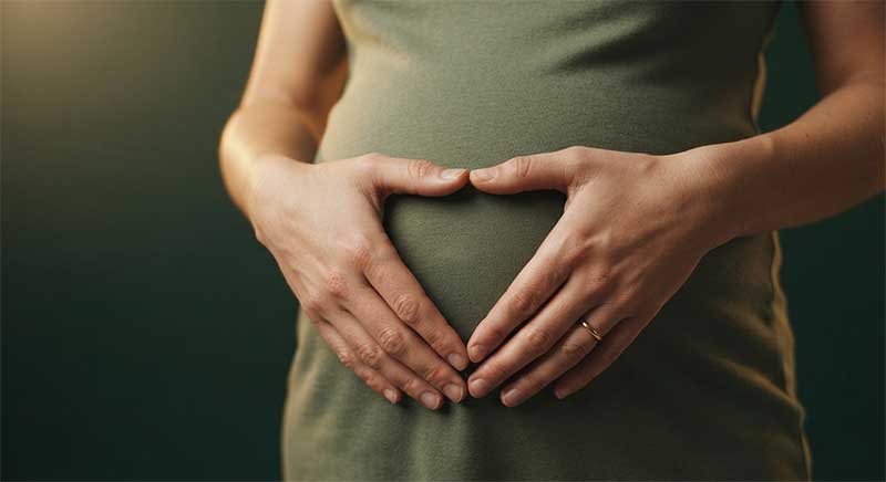 A pregnant woman's hands cradling her belly